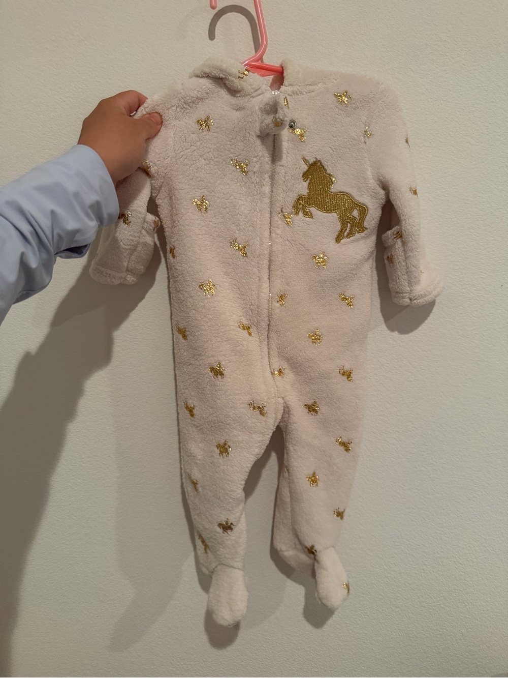 Soft Cream Baby One-Piece with Gold Unicorn Embroidery